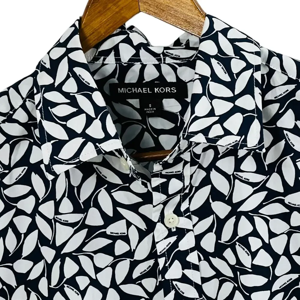 Michael Kors Button Front Blouse Size S Navy White Print Cotton